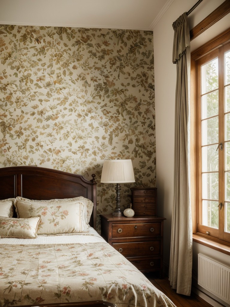 Vintage-inspired bedroom with antique furniture, floral wallpaper, and vintage artwork for a charming and nostalgic atmosphere.