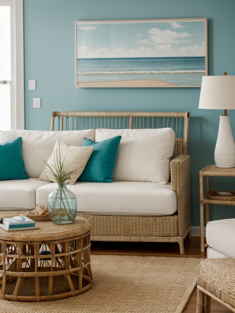 Coastal-inspired apartment design ideas, including beachy color palettes, nautical decor elements, and incorporation of natural textures like rattan or seagrass.