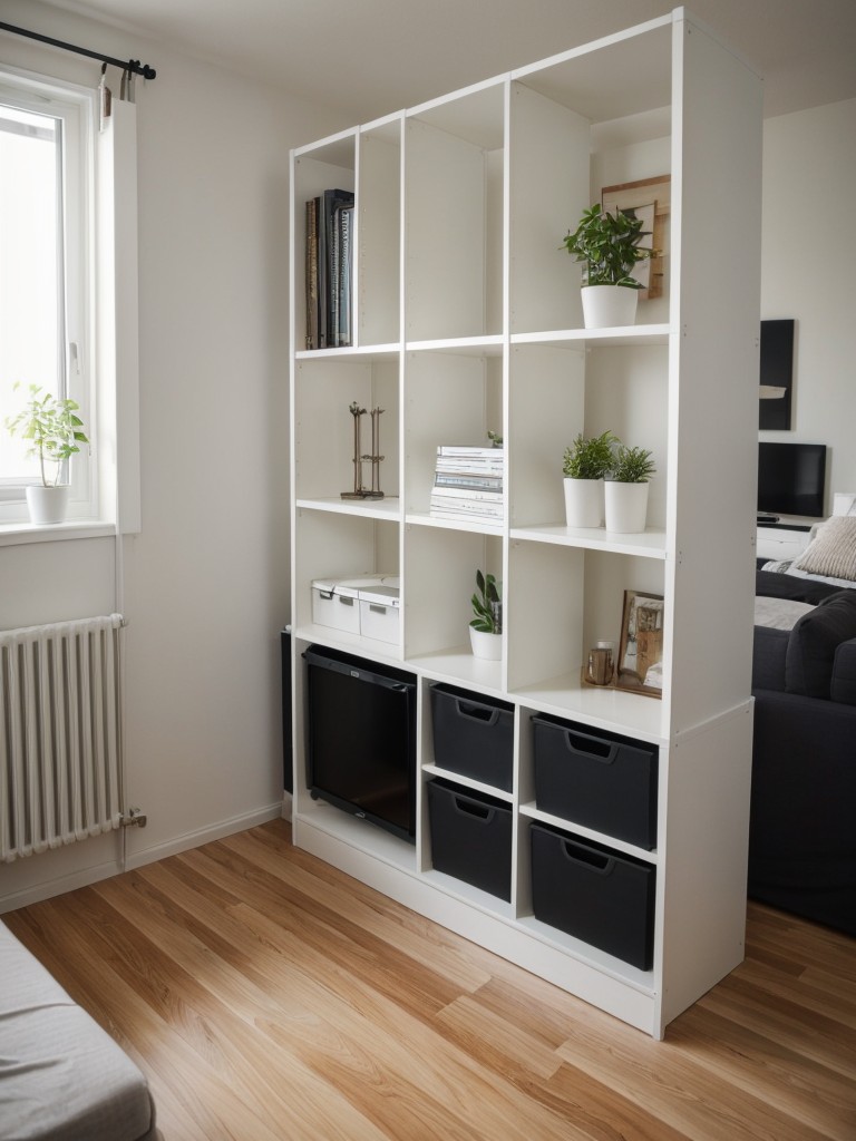 Consider a versatile IKEA room divider with shelves or storage compartments to maximize organization and functionality in your small studio apartment.