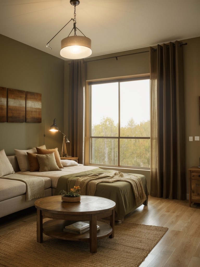 Embrace warm and earthy color palettes in your apartment design, incorporating shades of brown, beige, and olive green to create a rustic and cozy atmosphere.