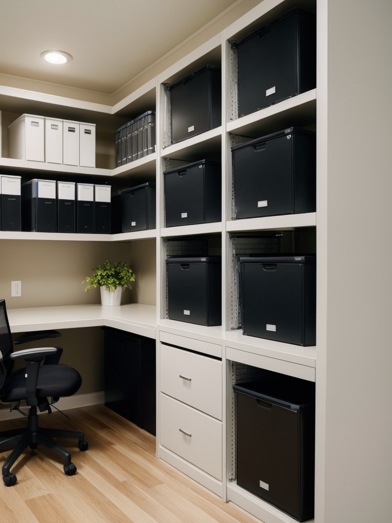 Incorporate sufficient storage solutions, such as filing cabinets or shelving units, to keep your office supplies organized and minimize clutter, promoting a productive and efficient work environment.