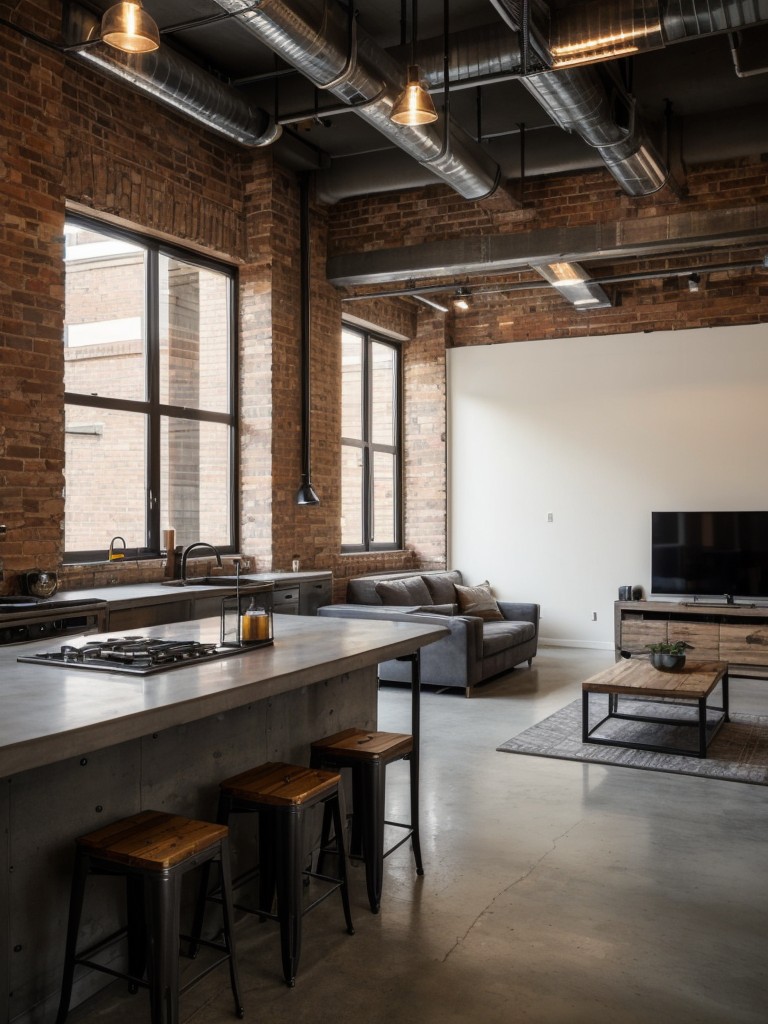 Industrial-style apartment design ideas, including exposed brick walls, metal accents, and an emphasis on raw materials like concrete and reclaimed wood.