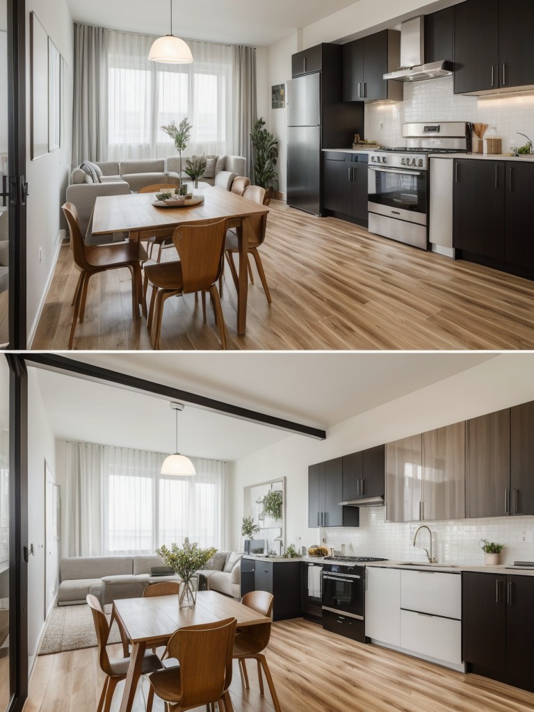 Open concept apartment design ideas, including removing walls to create a spacious feel, utilizing multifunctional furniture, and using cohesive flooring throughout.