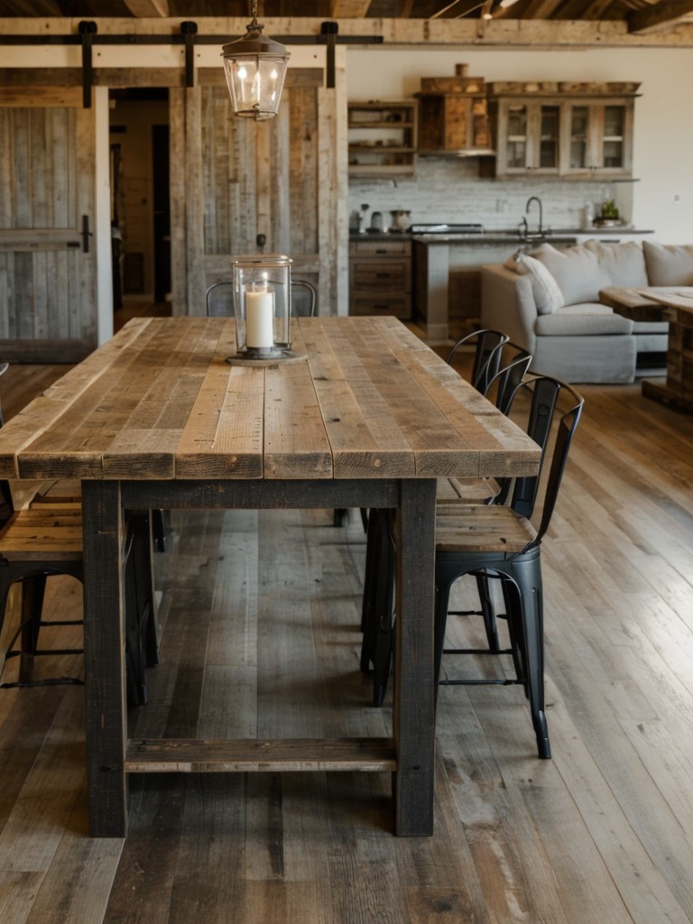 Utilize distressed or reclaimed wood pieces, such as a reclaimed wood dining table or a barn door slider, to add character and warmth to your rustic apartment design.