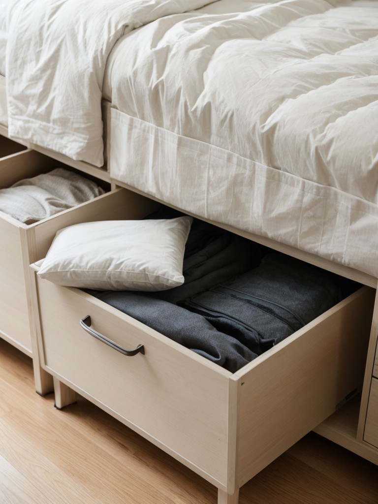 Utilize the often-underused space under your bed by investing in storage bins or containers to keep your belongings organized and out of sight.