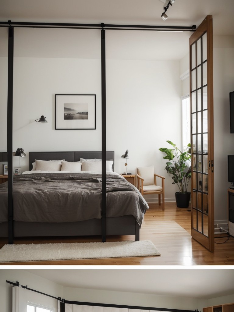 Utilize a tall and narrow IKEA room divider to create distinct zones in your studio apartment, separating your sleeping area from the rest of the space.