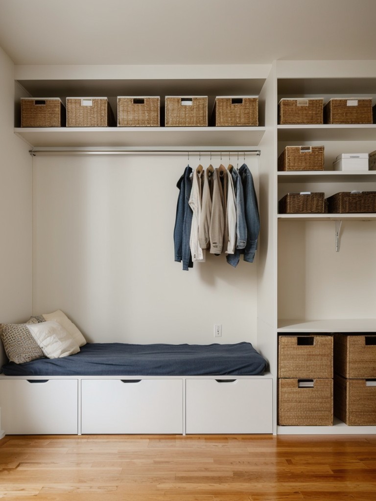 Utilize creative storage solutions such as shelves, under-bed storage, and wall-mounted organizers to optimize storage space and keep the apartment clutter-free.