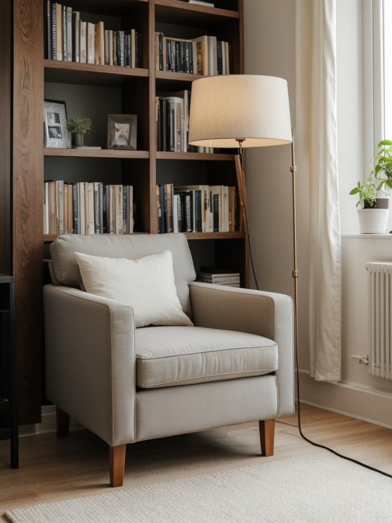 Creating a cozy reading nook in a studio apartment with Ikea's comfortable armchair, floor lamp, and bookshelf.