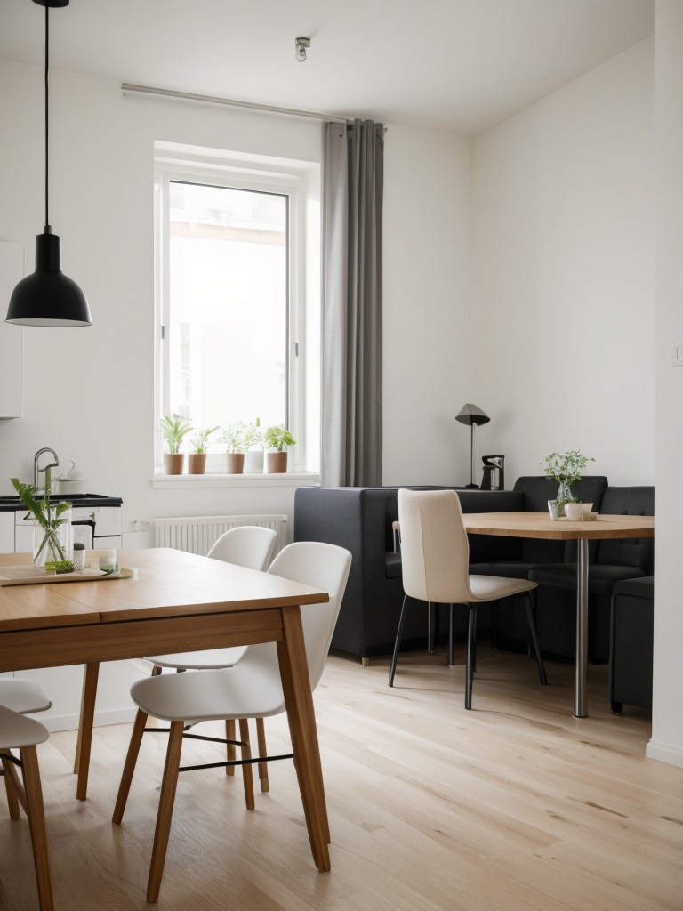 Creating a stylish and practical dining area in a studio apartment using Ikea's compact dining table, chairs, and dinnerware.