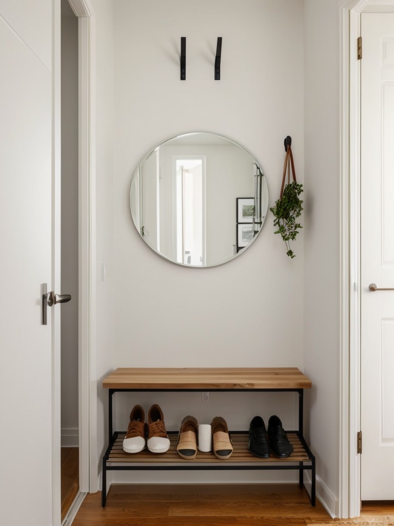 Creating a visually appealing entryway in a studio apartment with Ikea's wall hooks, shoe racks, and stylish mirror.