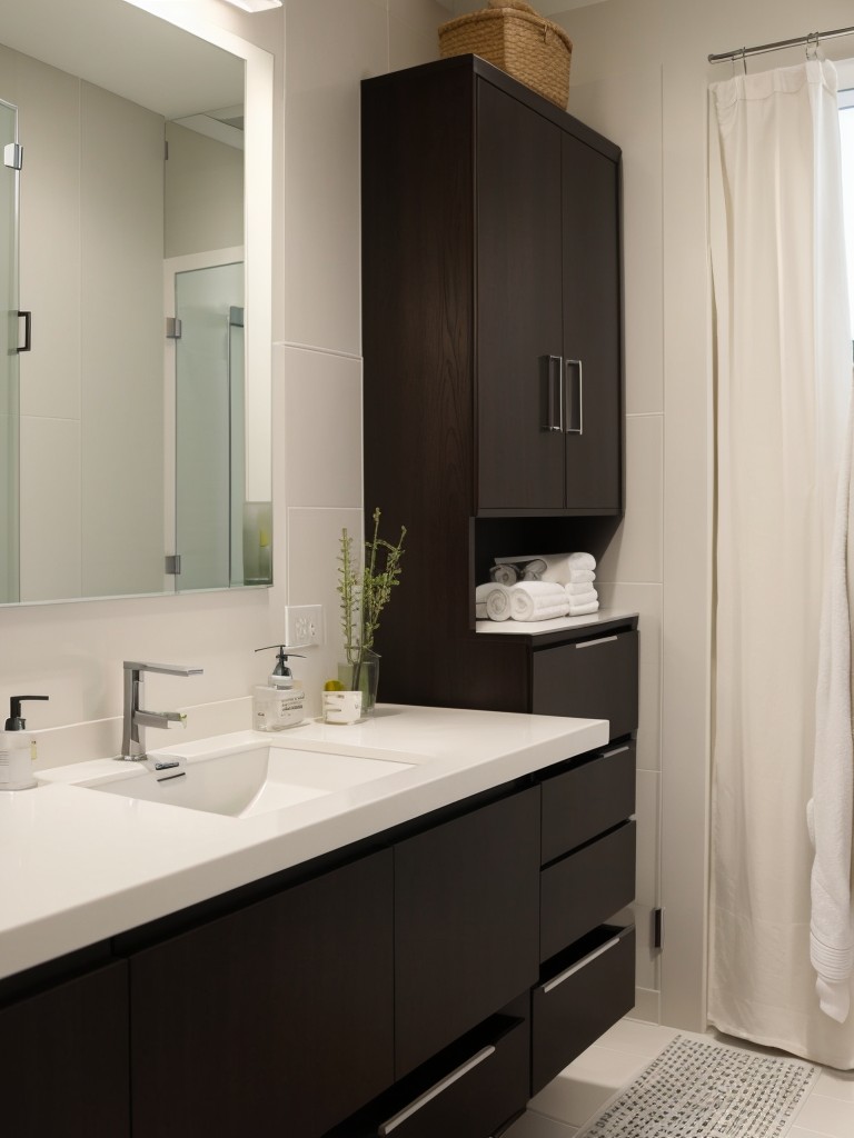 Designing a relaxing and spa-like bathroom in a studio apartment using Ikea's sleek bathroom cabinets, accessories, and textiles.