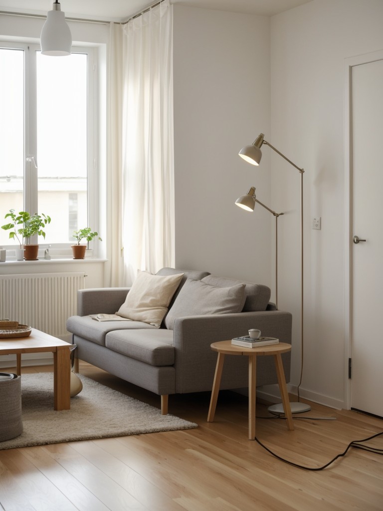 Incorporating clever lighting solutions in a studio apartment with Ikea's pendant lamps, task lighting, and floor lamps.