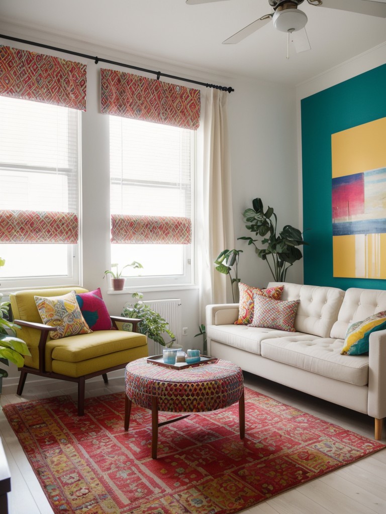 Incorporating pops of color and patterns into a studio apartment with Ikea's vibrant textiles, cushions, and rugs.