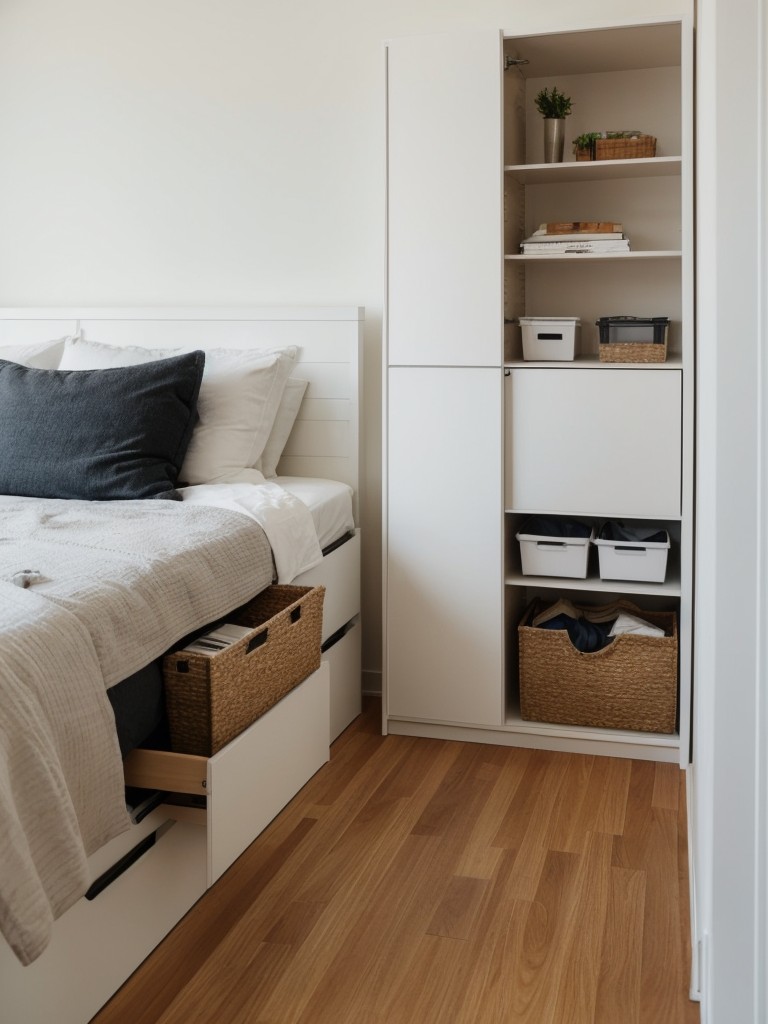 Maximizing storage in a small studio apartment with Ikea's storage bins, under-bed storage, and wall-mounted shelves.