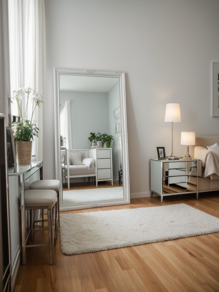 Utilizing Ikea's mirrored furniture and decorative mirrors to visually expand and brighten a studio apartment.