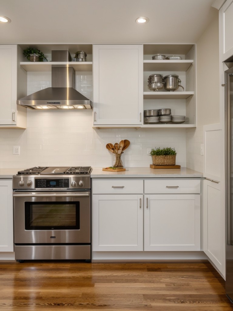 Consider replacing traditional upper cabinets with open shelves to make the kitchen feel more spacious.