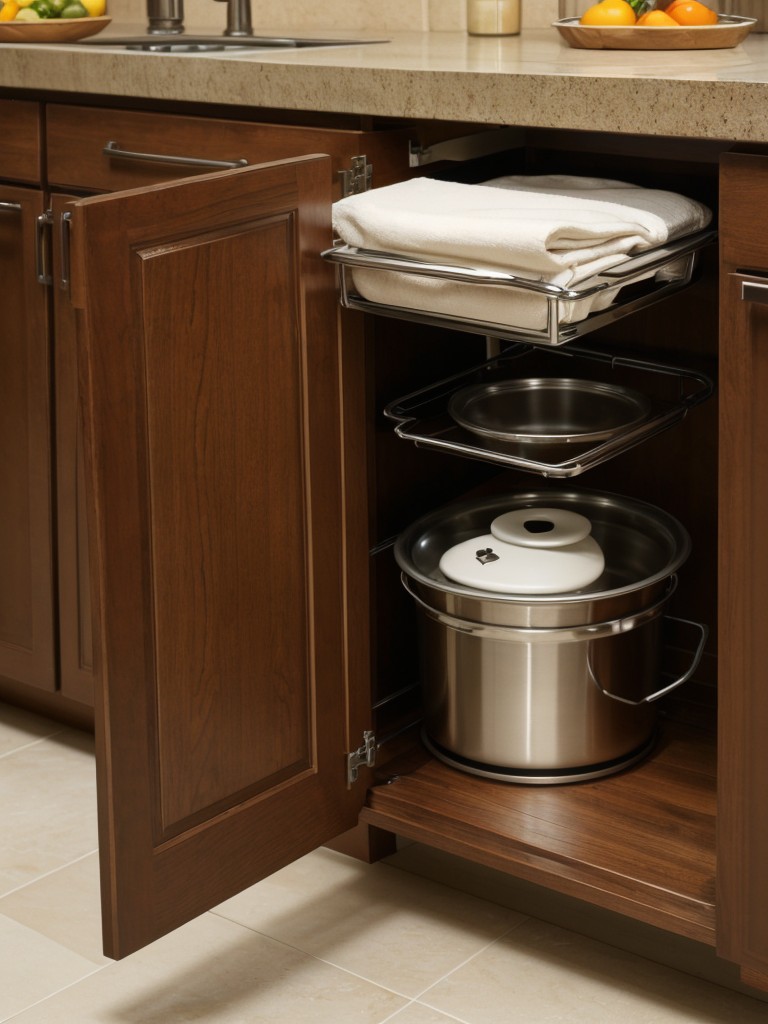Install hooks or racks on the inside of cabinet doors for hanging items like pot lids or cutting boards.