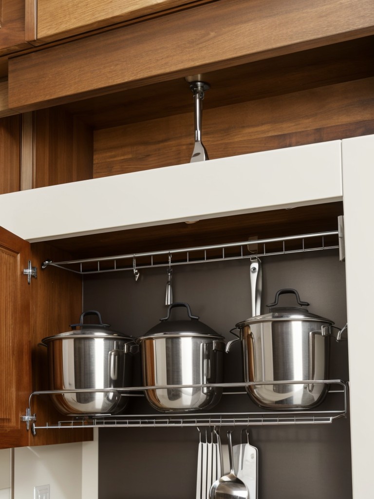 Install a pot rack on the ceiling or a wall to free up cabinet space.