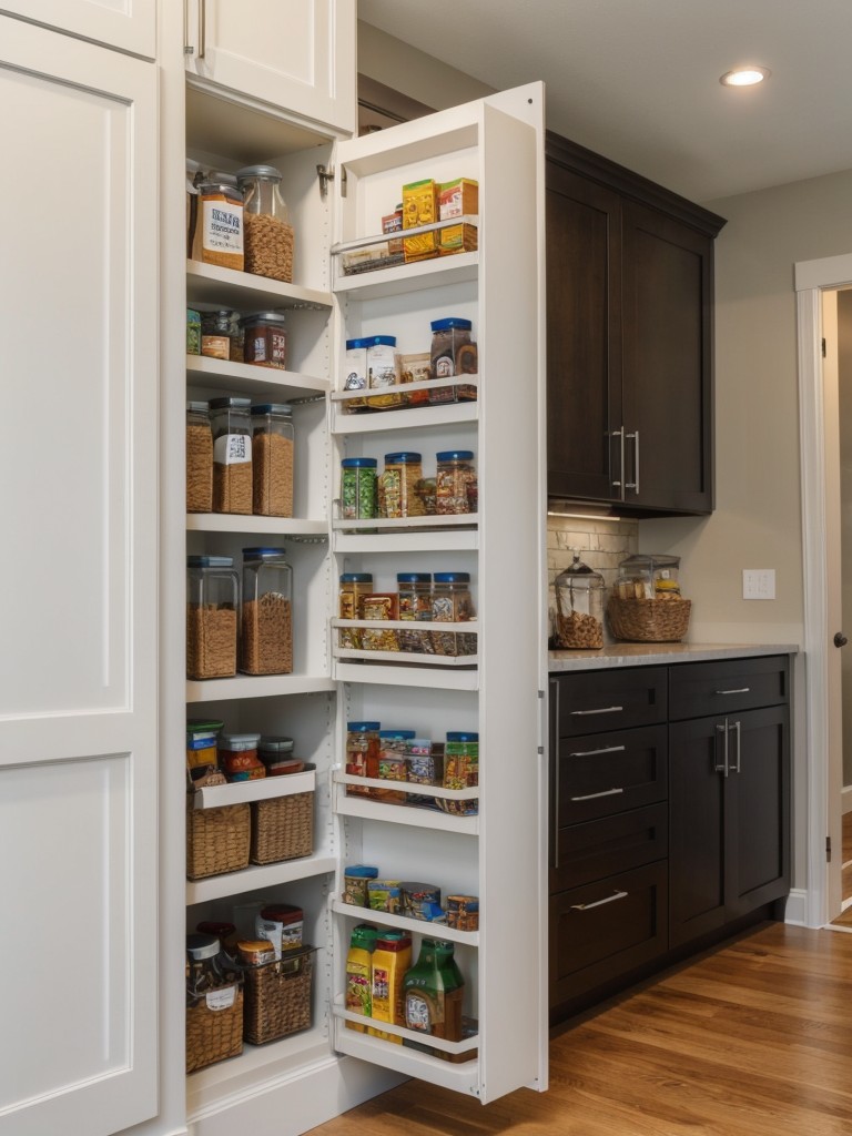 Install a pull-out pantry or sliding shelves to optimize storage in tight spaces.