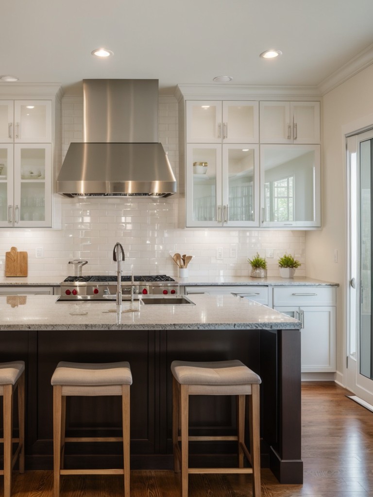 Opt for a glass or mirrored backsplash to reflect light and create a more spacious feeling in the kitchen.