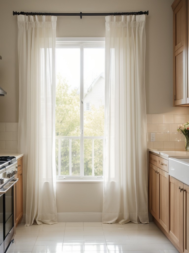 Use curtains or blinds with light colors or sheer fabrics to allow natural light to flow into the kitchen.
