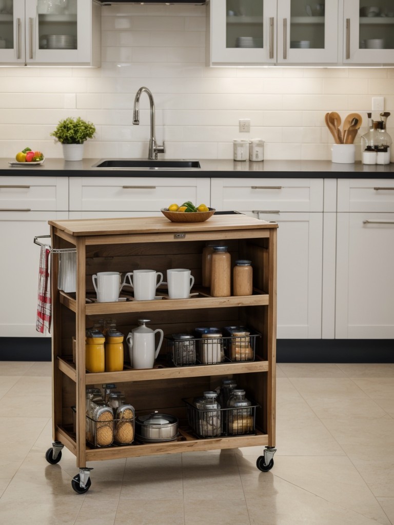 Use a rolling cart or trolley for additional counter and storage space that can be easily moved around.