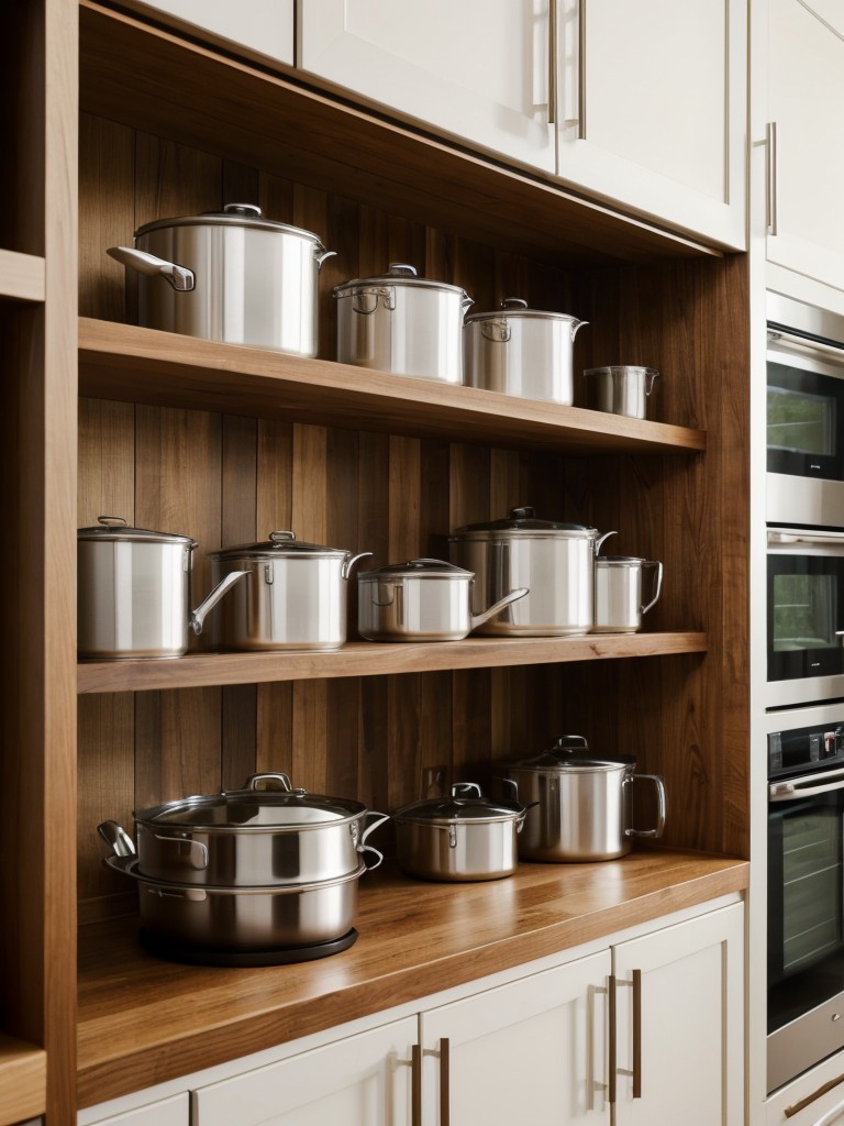 Utilize vertical space by installing open shelving and hanging pots and pans.
