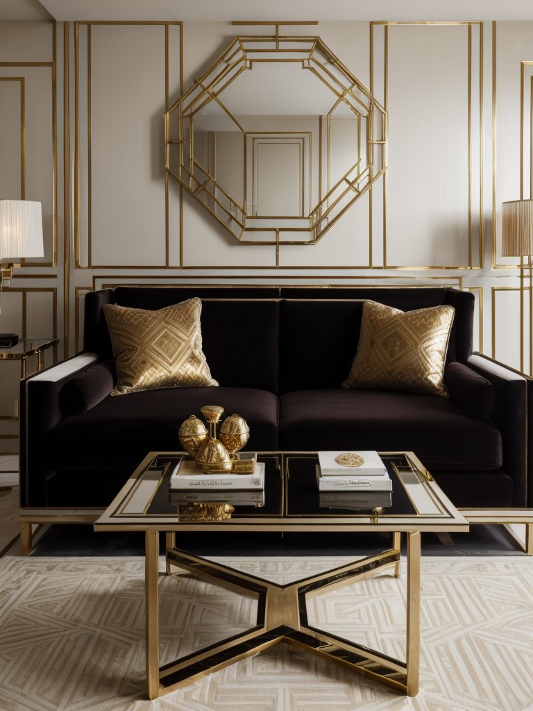 Art deco men's apartment decor ideas featuring geometric patterns, luxurious materials like velvet and brass, and glamorous accessories for a sophisticated and opulent space.