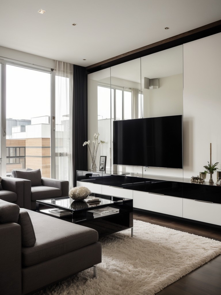 Contemporary bachelor pad decor ideas with sleek and glossy finishes, statement furniture pieces, and a mix of luxurious textures for a glamorous and upscale vibe.