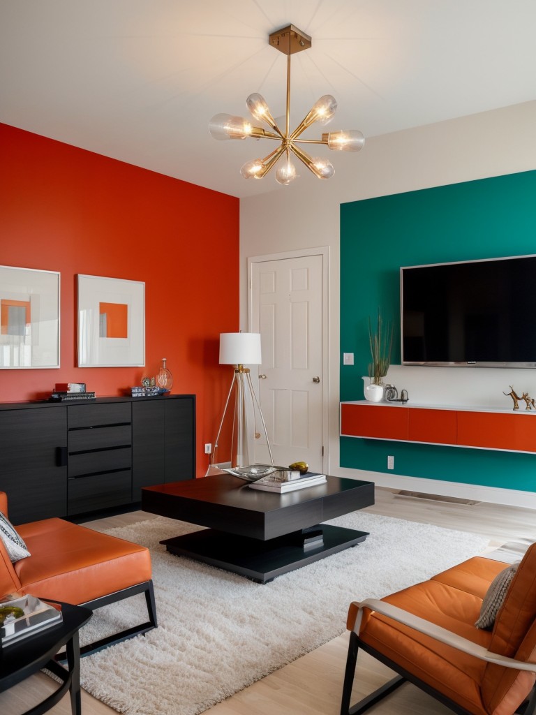 Contemporary men's apartment decor ideas combining sleek furnishings, statement lighting, and pops of bold colors for a modern and sophisticated space.