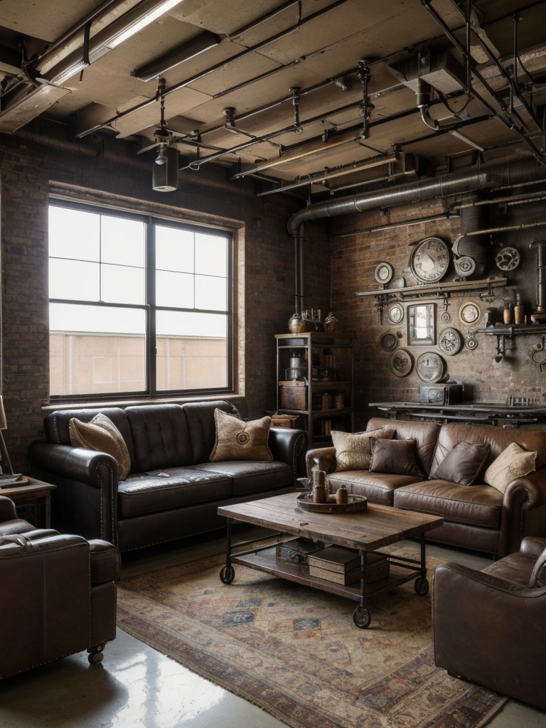 Industrial steampunk men's apartment decor ideas with exposed gears, vintage machinery-inspired furniture, and bronze accents for a unique and whimsical space.