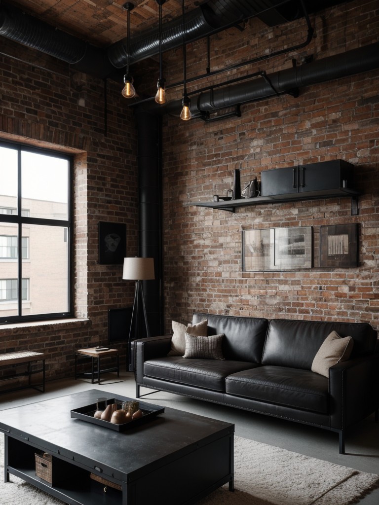 Masculine apartment decor ideas featuring dark colors, sleek furniture, and industrial accents like exposed brick and metal details.