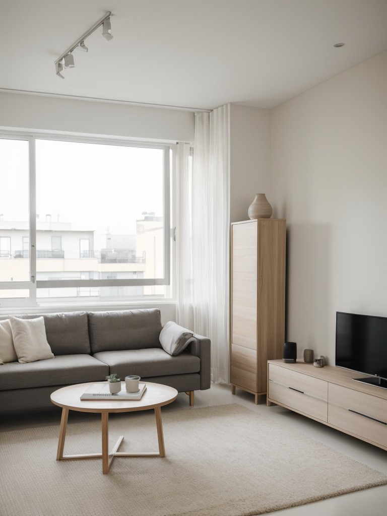 Minimalist men's apartment decor ideas with neutral tones, clean lines, and a focus on practicality and functionality.