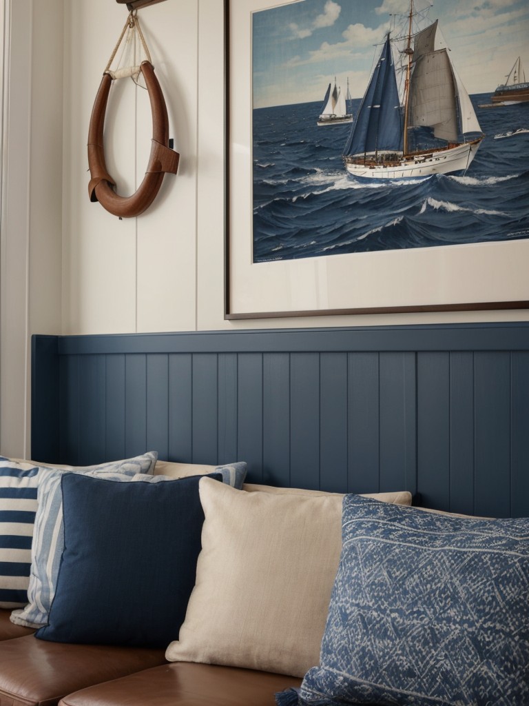 Nautical-themed men's apartment decor ideas with maritime accents, navy blue hues, and vintage sailing-inspired artwork and accessories for a coastal and adventurous atmosphere.