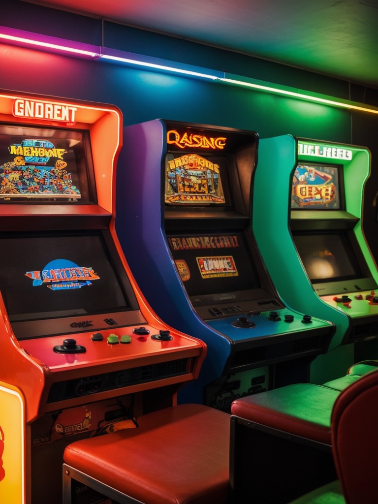 Retro gaming-themed men's apartment decor ideas with vintage arcade machines, colorful neon lights, and retro gaming memorabilia for a playful and nostalgic ambiance.