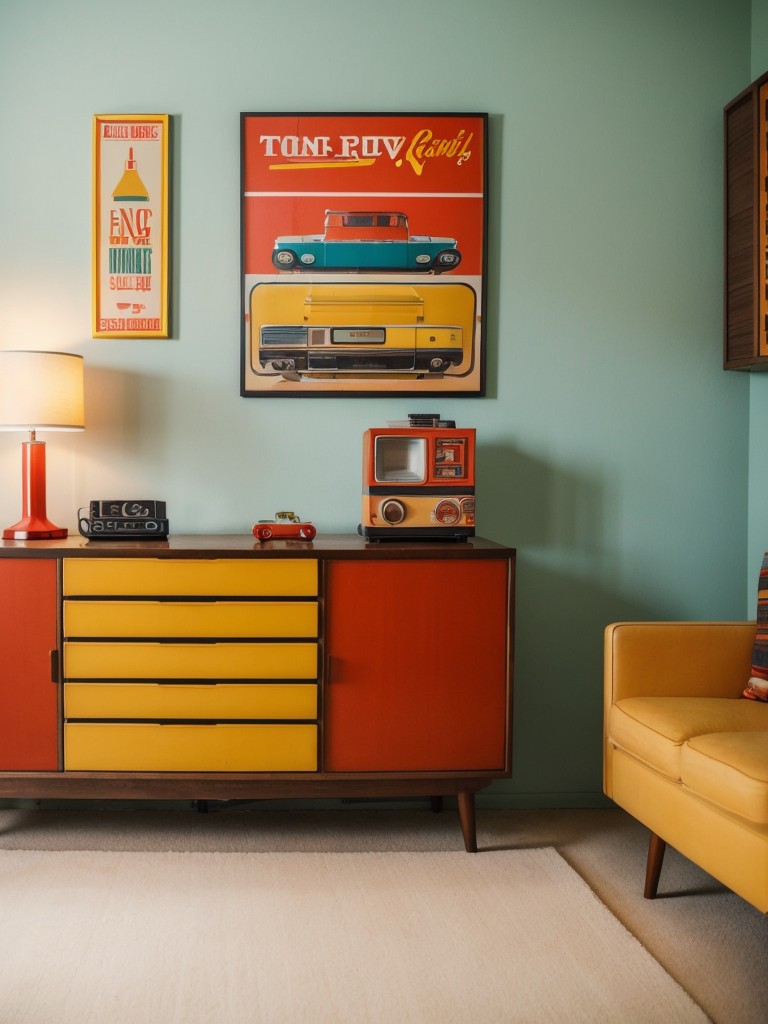 Retro-themed men's apartment decor ideas with vibrant colors, vintage furniture pieces, and retro artwork for a fun and nostalgic ambiance.