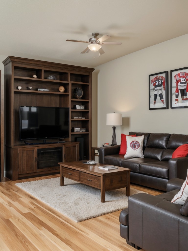 Sports-themed men's apartment decor ideas with memorabilia display, team colors, and athletic-inspired furniture and accessories.