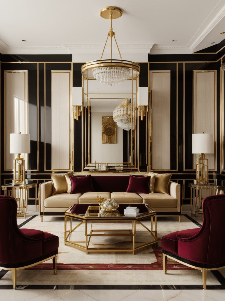 Art Deco-inspired living room with geometric motifs, rich colors, and luxurious materials like velvet and gold accents.