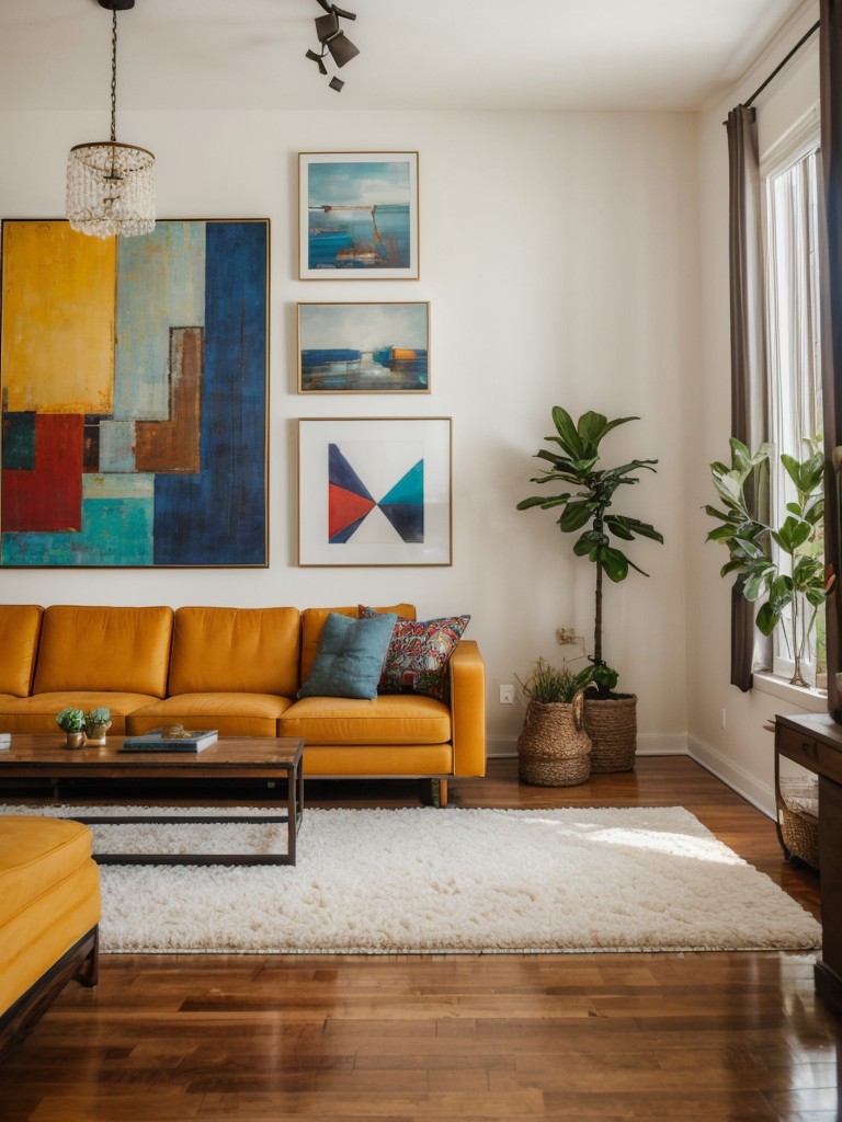 Artsy eclectic living room with a gallery wall, colorful furniture, and unique art pieces for a creative and whimsical vibe.