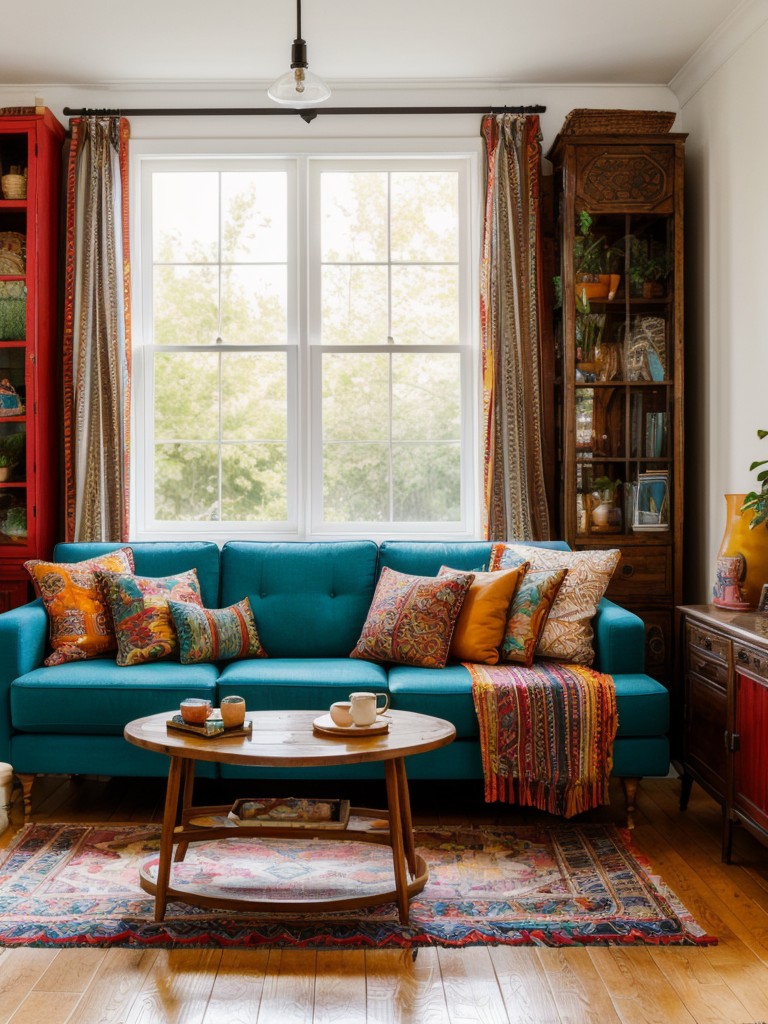 Bohemian chic living room featuring vibrant colors, patterned textiles, and a mix of eclectic furniture and accessories.