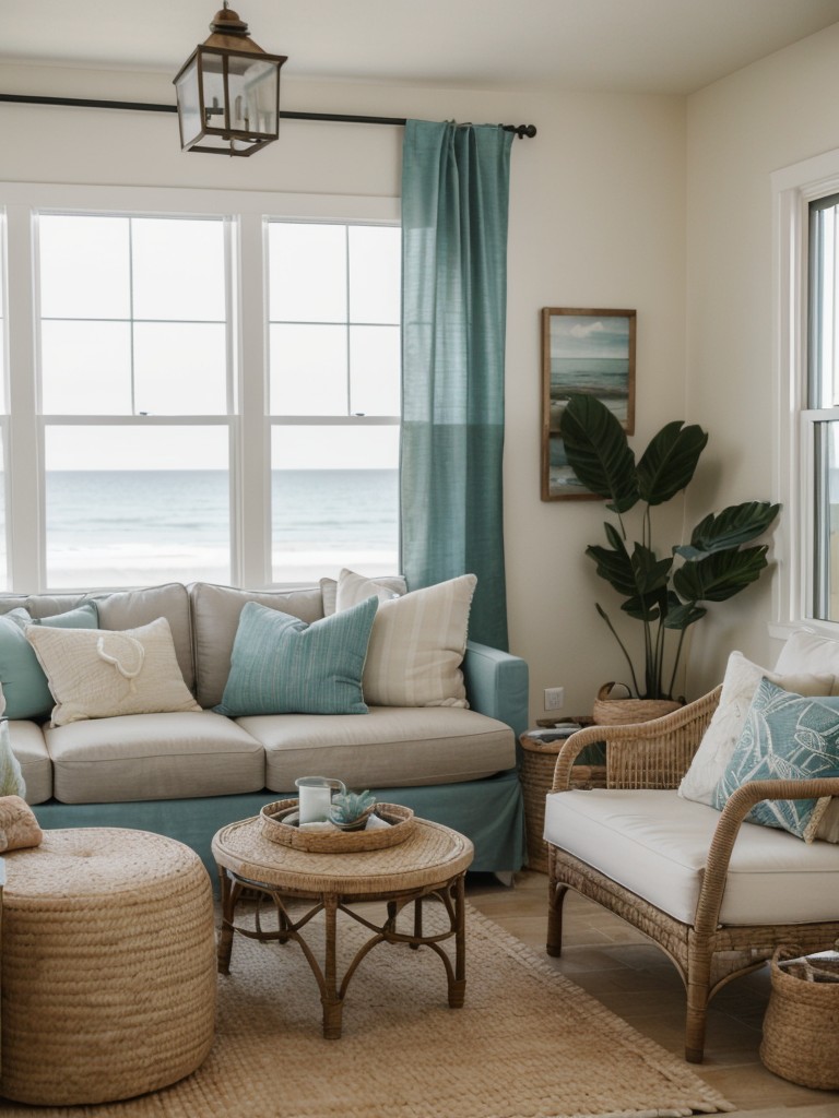 Coastal boho living room with natural textures, calming colors, and an eclectic mix of beach-inspired decor.