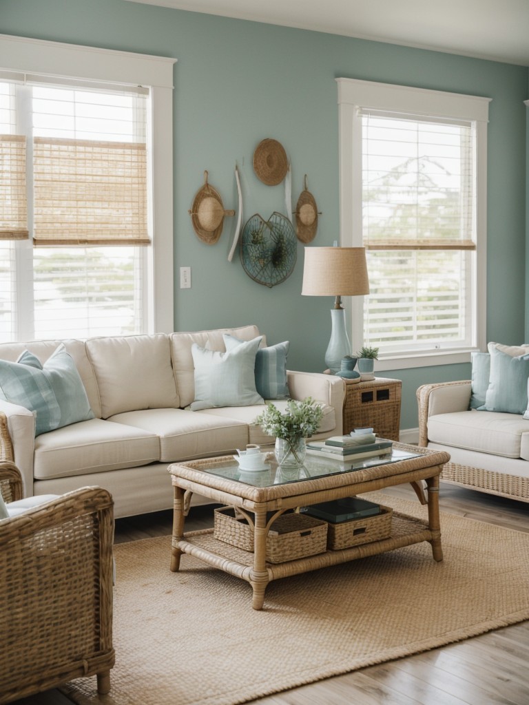 Coastal-inspired living room with a light color scheme, nautical decor, and natural textures like rattan or seagrass.