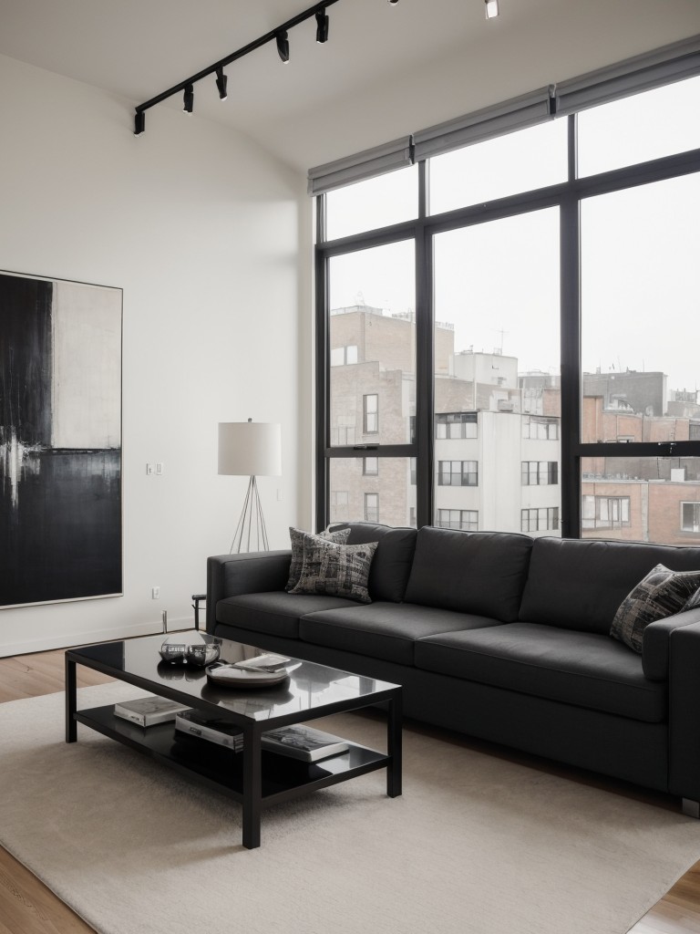 Contemporary loft apartment living room with sleek furniture, a monochromatic color scheme, and eye-catching art pieces.