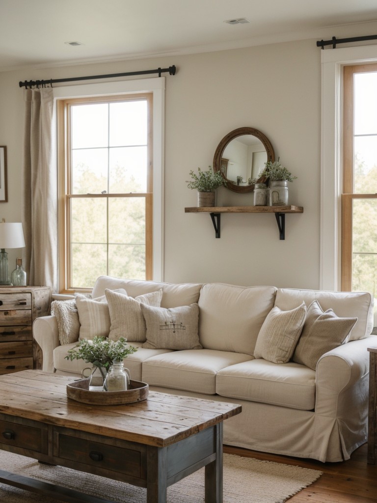 Cozy farmhouse-inspired living room with reclaimed wood accents, neutral color palette, and organic textile patterns.