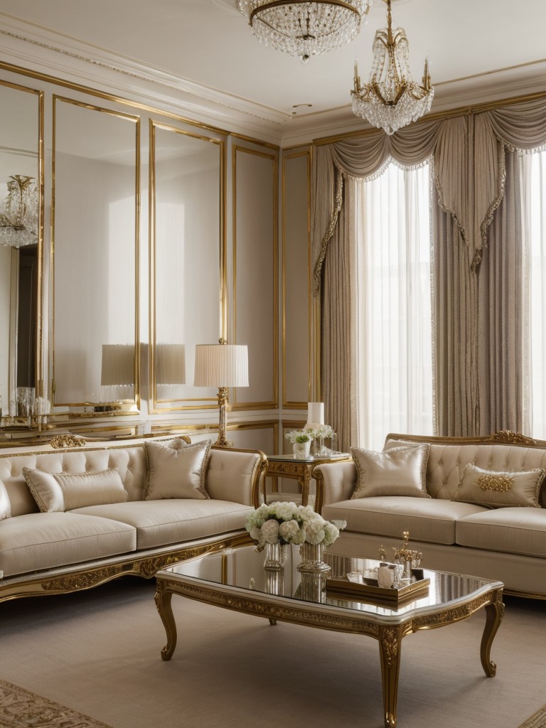 Glamorous Hollywood regency living room with luxurious fabrics, reflective surfaces, and a touch of bling.