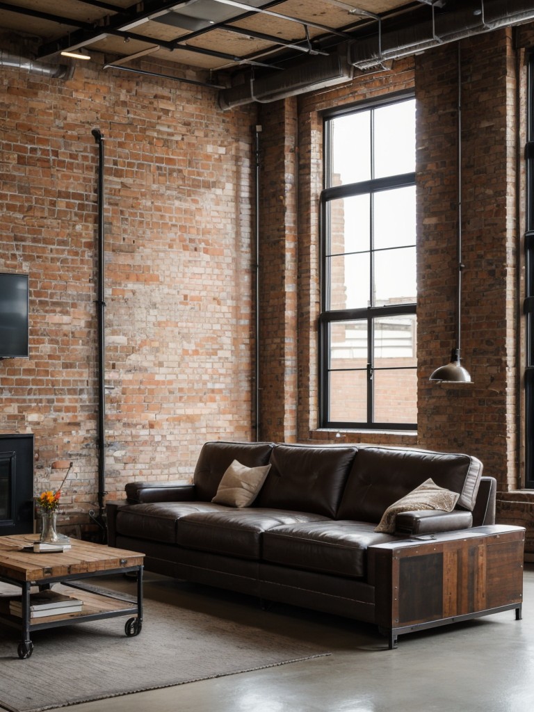 Industrial loft-style living room with exposed brick walls, metal accents, and vintage furniture pieces.