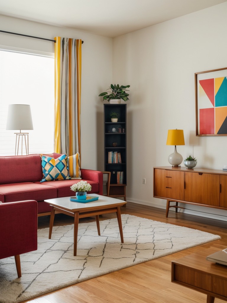 Mid-century modern living room with sleek furniture, geometric patterns, and bold pops of color.