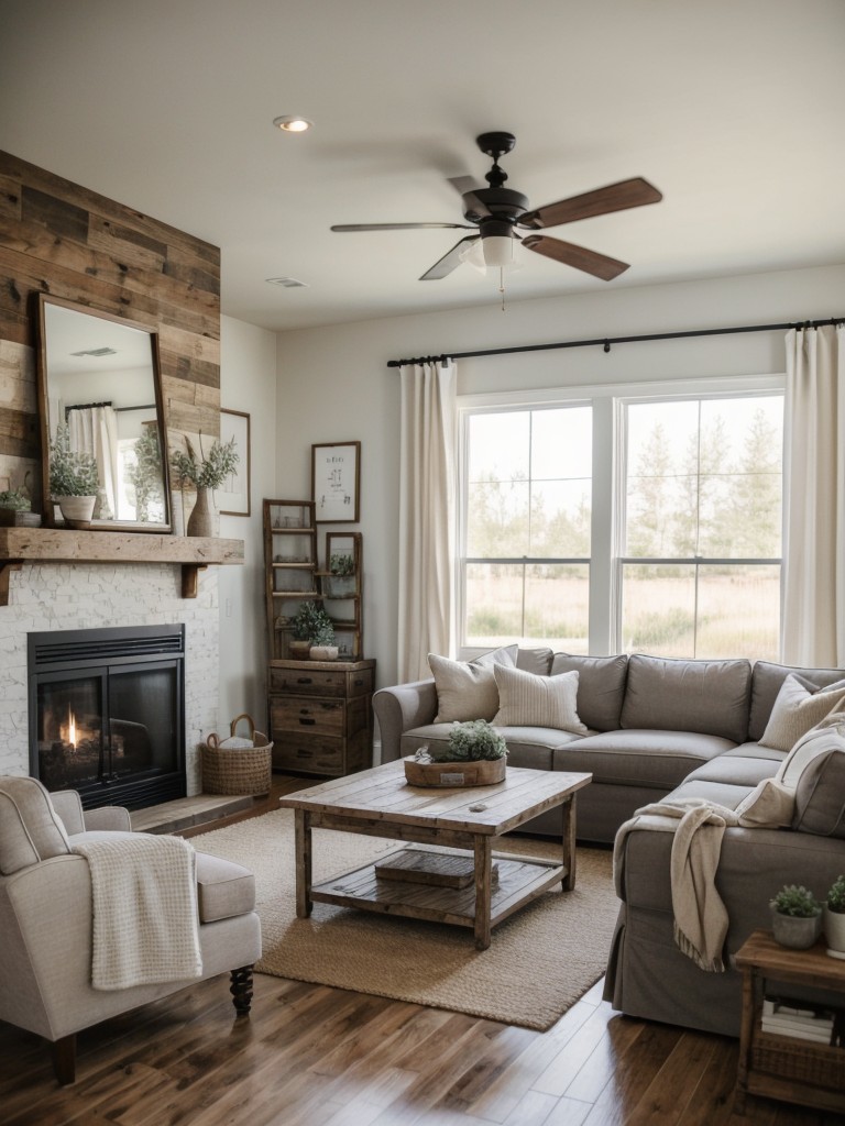 Modern farmhouse-style living room with a mix of rustic elements, cozy textiles, and clean lines for a fresh, inviting feel.