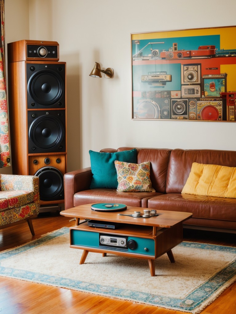 Retro-inspired living room with bold colors, funky patterns, and nostalgic accessories like record players or vintage radios.