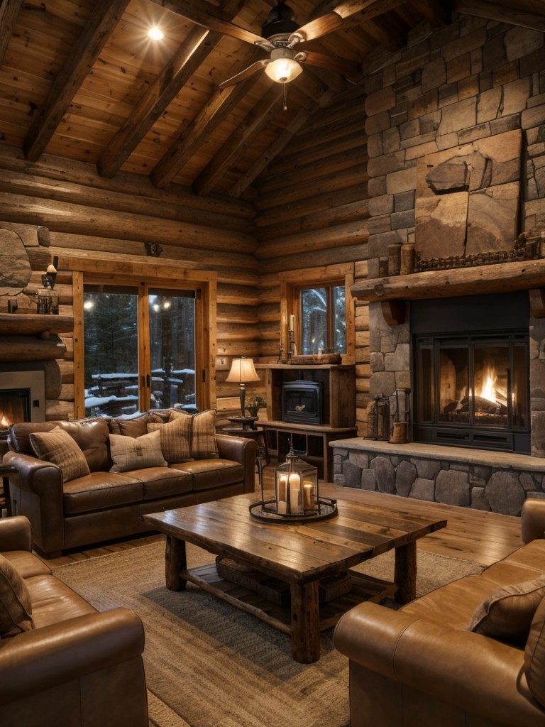 Rustic cabin-inspired living room with warm wood tones, cozy textiles, and a welcoming fireplace.
